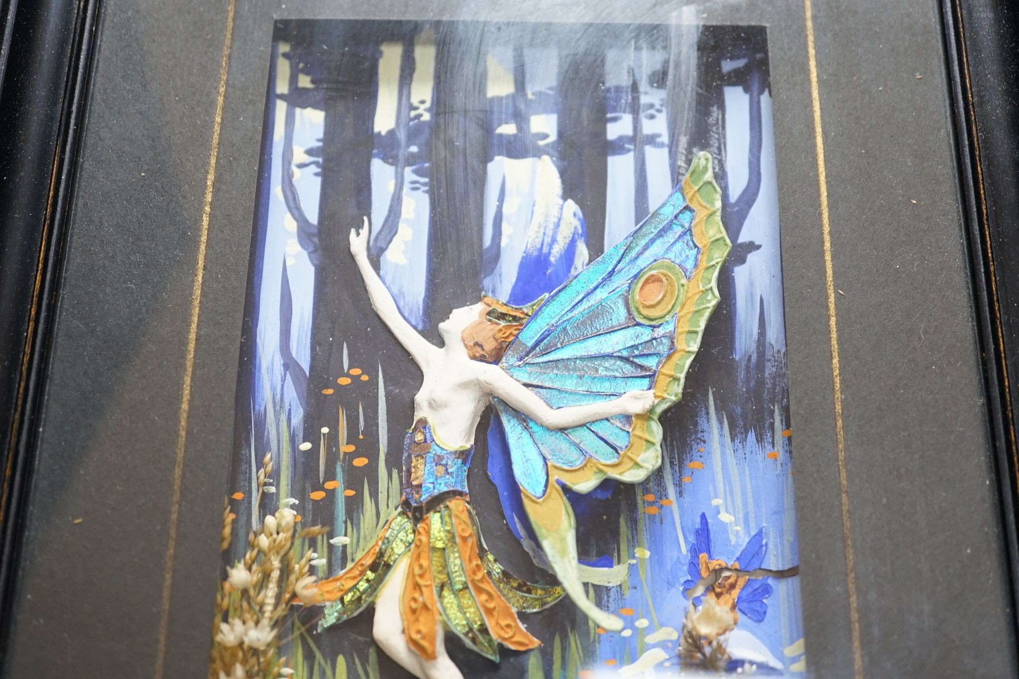 A pair of morpho butterfly wing nymph diorama, signed Gaydon King, Pat. App. For 19907/29, c.1930, 10.5 cms wide x 17.5 cms high. (not including mount or frame).